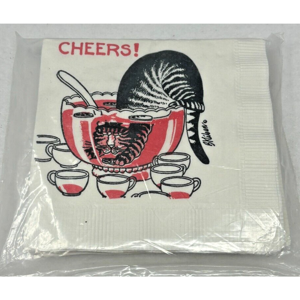 Vtg 80 B Kliban Beverage Cocktail Napkins Cat Paper 12 Napkins Punch Bowl Cheers